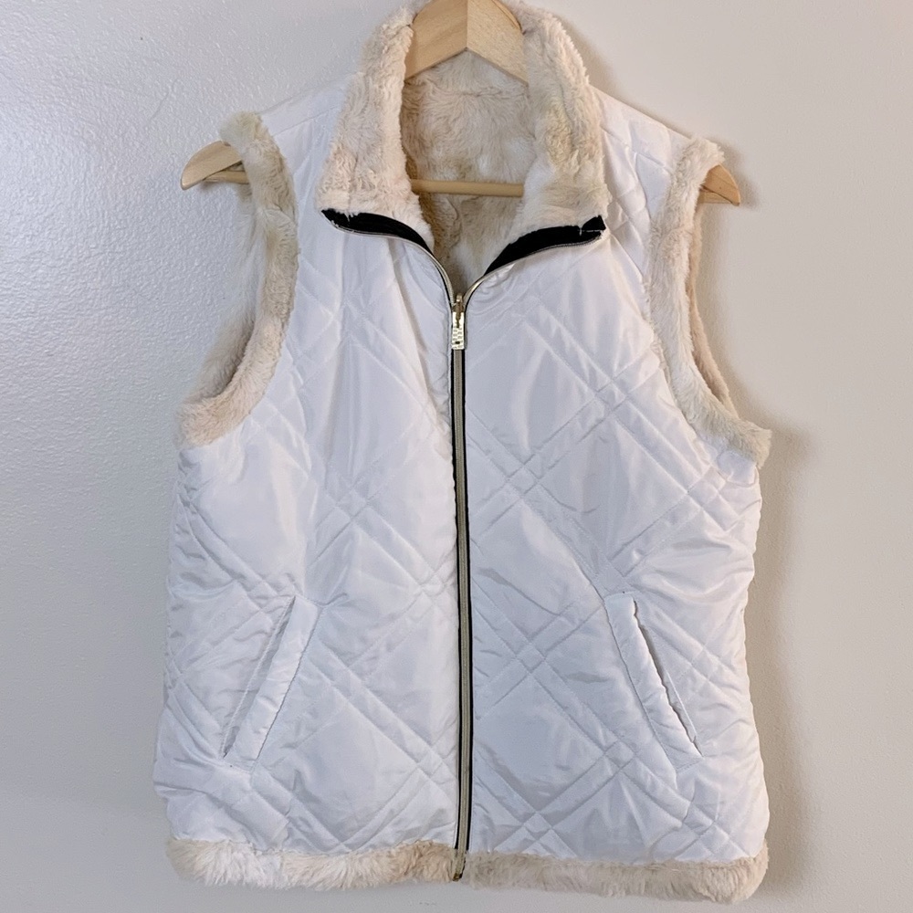 Reversible Faux Fur / Quilted White, Tan Marbled Vest with Full Zip Size Large